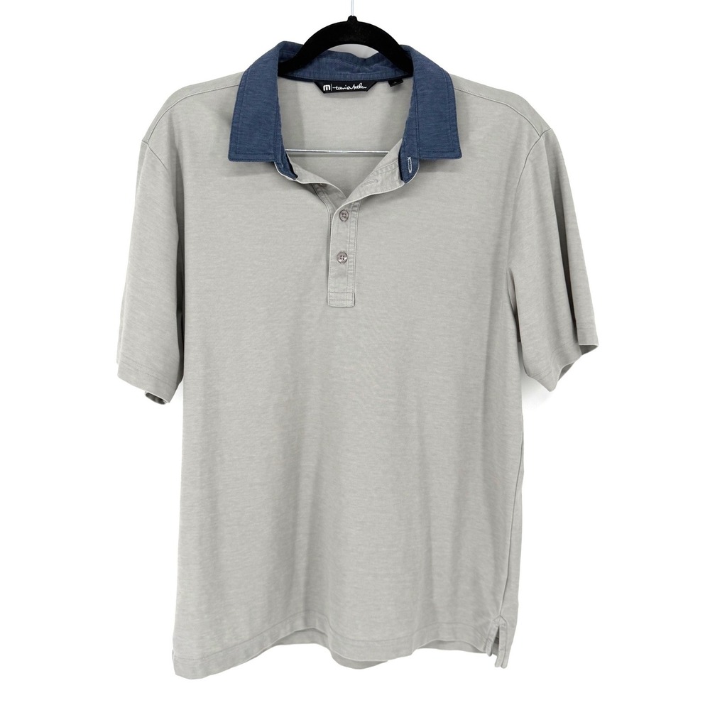Travis Mathew Polo Shirt Solid Grey Large Blue Collar Pima Cotton Blend Golf